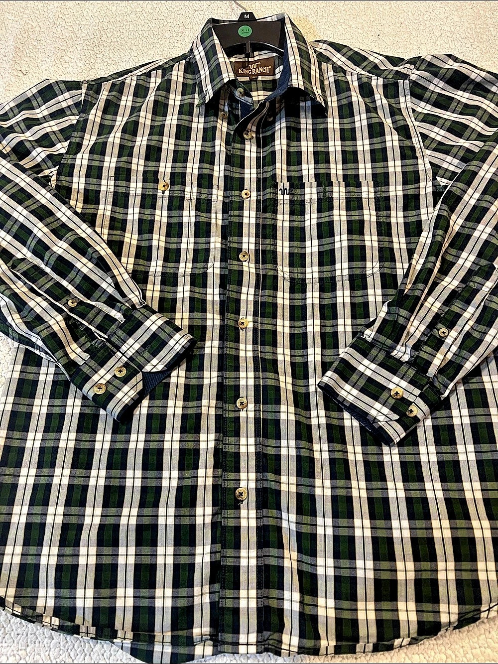King Ranch Plaid Button Down in Green & White Size Large